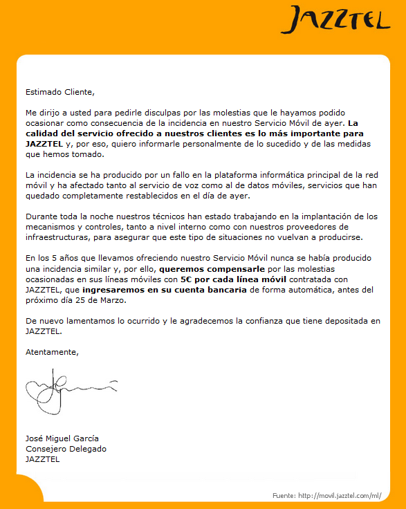 Comunicado oficial de Jazztel referente a la incidencia del 12 de marzo