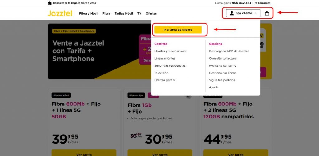 acceso al area clientes en la página qweb de Jazztel 